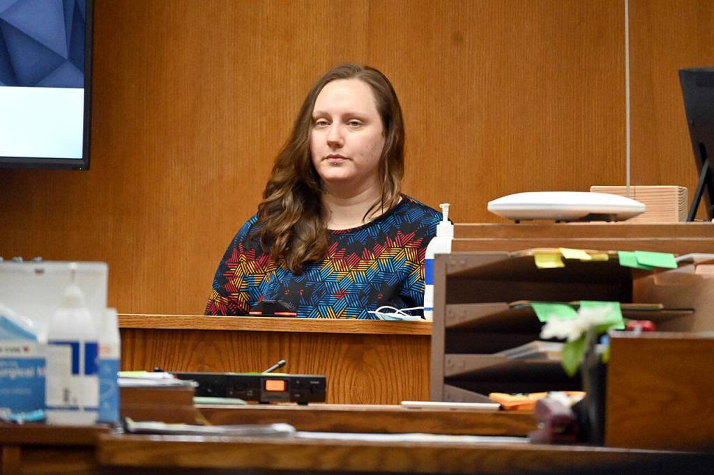 Kallie Ann LeTellier testifies Wednesday in Dennis Bauer's triple-murder trial. (Paul Gottlieb/Peninsula Daily News)