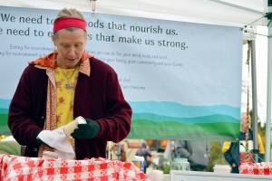 Sonya Zoha, who sells alternative milk beverages, is among some 40 vendors who will set up at the Port Townsend Farmers Market for just three more Saturdays. (Diane Urbani de la Paz/Peninsula Daily News)