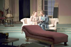 Mary Bennet (Merrin Packer) and Arthur DeBourgh (Matt Forrest) are a bookish, sometimes awkward pair who meet in Miss Bennet: Christmas at Pemberley, the romantic comedy opening Friday at the Port Angeles Community Playhouse. (Photo courtesy Mahina Hawley)