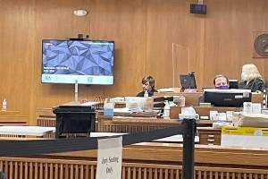 Jared Bauer, Dennis Bauers son, testifies in his fathers triple-murder trial Wednesday in Clallam County Superior Court. (Rob Ollikainen/For the Peninsula Daily News)