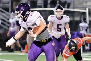 Roger Harnack/Cheney Free Press
Quilcene's Bishop Budnek totaled 240 rushing yards and four touchdowns on 37 carries in the Rangers' 36-12 semifinal win over Odessa. Budnek earned a WIAA Athlete of the Week honor for his efforts.