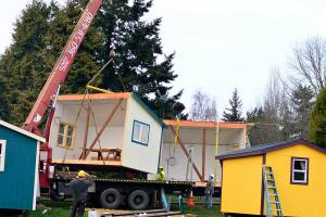 A crane and a crew guide the Pats Place kitchen building  divided in half  onto a truck headed for the new transitional housing village in Port Townsend on Tuesday morning. Bayside Housing & Services hopes to open the self-governed and -contained village next month. (Diane Urbani de la Paz/Peninsula Daily News)