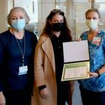 Katrin Junghanns-Royack, Olympic Medical Centers director of ICU/telemetry, right, was recently honored as the departments first recipient of the DAISY Nurse Leader Award. Presenting her the award is Chief Nursing Officer Vickie Swanson, center, and ICU/telemetry clinical supervisor Janeen Howell, ICU/telemetry clinical supervisor. (Photo courtesy of Olympic Medical Center)