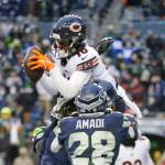 Chicago Bears wide receiver Damiere Byrd (10) grabs a 2-point conversion pass in the end zone to score over Seattle Seahawks Ugo Amadi in the final seconds of the game Sunday in Seattle. The Bears won 25-24. (Lindsey Wasson/The Associated Press)