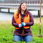 Sarah Doyle, the North Olympic Salmon Coalitions program and partnership manager, demonstrates the planting of a tree near the Kilisut Harbor bridge between Marrowstone and Indian islands. (Diane Urbani de la Paz/Peninsula Daily News)