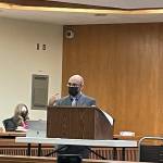 Rob Ollikainen/for Peninsula Daily News
Clallam County Deputy Prosecuting Attorney Jesse Espinoza makes a closing argument in Dennis Marvin Bauer’s triple-murder trial in Clallam County Superior Court on Wednesday. Sheriff’s Sgt. Jeff Waterhouse and Chief Criminal Deputy Prosecuting Attorney Michele Devlin look on.