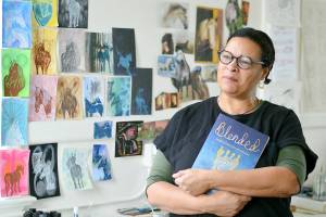 Port Townsend artist and writer Velda Thomas, having just released her book Blended: Perspectives on Belonging, is now at work on a new printmaking project. (Diane Urbani de la Paz/Peninsula Daily News)