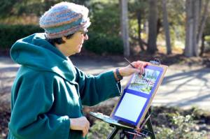 Madeline Nelson of Port Townsend works in watercolors and bright sun on the grass outside the Jefferson County Courthouse. The plein air painter typically spends just an hour finishing a piece before her hands get too cold. (Diane Urbani de la Paz/Peninsula Daily News)