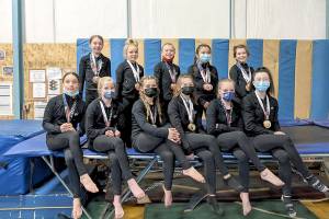 Klahhane Gymnastics performed well at The Freedom Invitational last weekend in Silverdale. Cascade Elite West hosts the annual event honoring those serving in the military or as first responders. A portion of event proceeds is donated to the USO. Team members are, back row, from left: 
Gracelyn Goss, Raynee Ciarlo, Elyse Brown, Kira Hartman, Harper Hilliker and front: Saffron Tschida, Mariah Traband, Neveah Thurman-Dupuis, Taylor Bugge, Lucy Spelker (did not compete), Jessamyn Schindler.