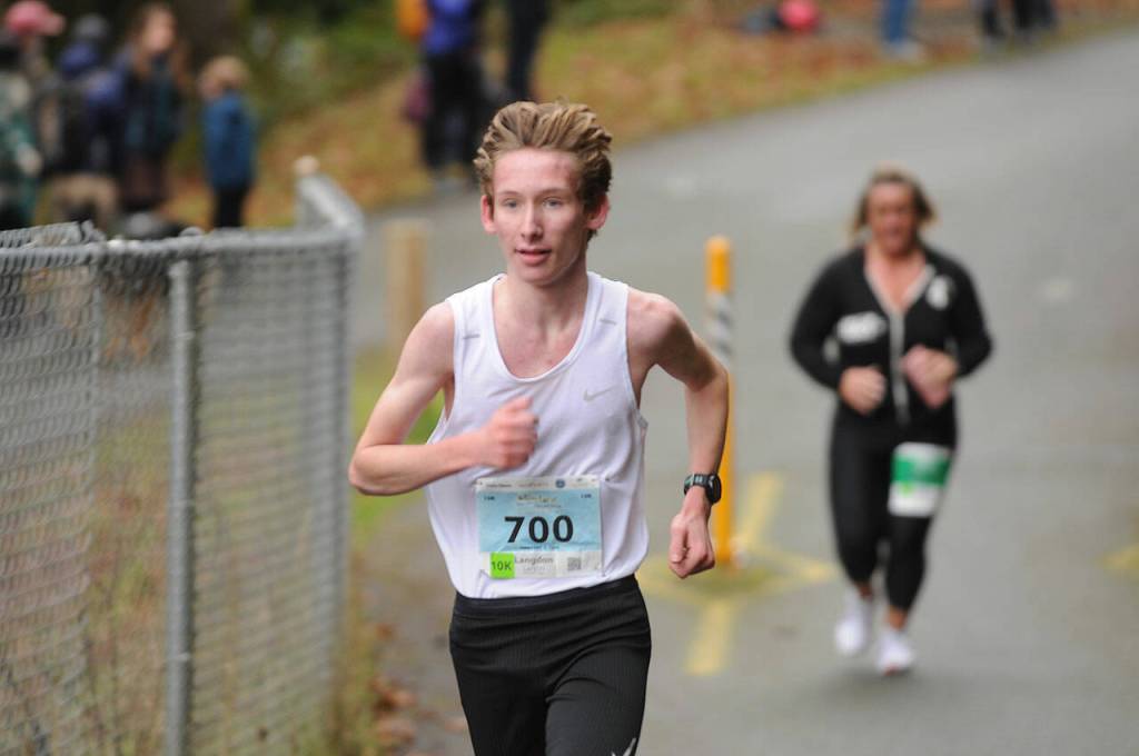 Langdon Larson of Port Angeles places first in the Elwha Bridge Run 10k division Saturday, clocking in at 36 minutes, 36 seconds. (Michael Dashiell/Olympic Peninsula News Group)