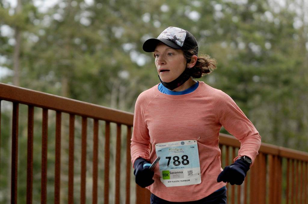 Savanna Steffen of Silverdale takes first place in the women’s 10k at the Elwha Bridge Run on Saturday. She finished in 42:52, placing sixth overall. (Michael Dashiell/Olympic Peninsula News Group)