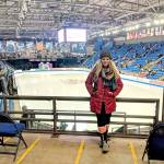 Jennifer Thomas, a Sequim composer, stands for a photo in Vancouver, B.C., during the 2018-19 Grand Prix Finals, where she saw Rika Kihira of Japan skate to a first-place finish. Kihira uses Thomas song A Beautiful Storm in her free skate routine. (Photo courtesy of Jennifer Thomas)