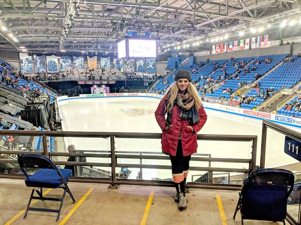 Jennifer Thomas, a Sequim composer, stands for a photo in Vancouver, B.C., during the 2018-19 Grand Prix Finals, where she saw Rika Kihira of Japan skate to a first-place finish. Kihira uses Thomas song A Beautiful Storm in her free skate routine. (Photo courtesy of Jennifer Thomas)
