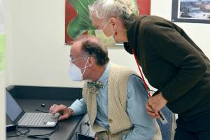 JC MASH clinic nurse Sarah Haight and Dr. Kimber Rotchford scrutinize a chart on a recent Tuesday night at the Port Townsend Community Center. Diane Urbani de la Paz/Peninsula Daily News