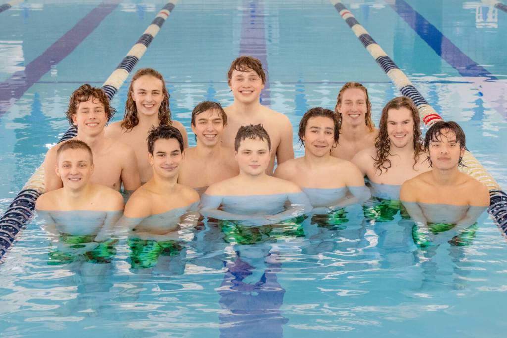 The Port Angeles boys swim team finished fourth at the district swim meet held this weekend in Renton. From left, back row are Aidan Butterworth, Adam Weller and Josh Gavin. From left, middle row are Colby Ellefson (Sequim), Max Baeder, Landon Close and Adam Boyd. From left, front row are Jacob Miller, Blake Nahory, Davis Hueter and Alex Che. (Courtesy photo)