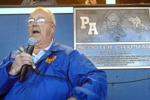Keith Thorpe/Peninsula Daily News
KONP Radio sportscaster Howard "Scooter" Chapman speaks to the crowd after the unveiling of a plaque naming the press booth at Port Angeles Civic field the Scooter Chapman Press Box. Chapman was honored at the beginning of Friday evening's Port Angeles High School football game for his involvement with high school sports since the 1950s.