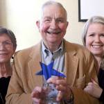Myron Vogt, center, was honored in April 2019 by the Chamber of Jefferson County as its 2018 Citizen of the Year during a ceremony at the Old Alcohol Plant in Port Hadlock. He was joined by his wife, Valeria, left, and his daughter, Jennifer Molloy. (Brian McLean/Peninsula Daily News file)