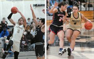 Jaylin Reed, left and Keeli-Jade Smith of the Peninsula College basketball teams in action Saturday. (Keith Thorpe, Peninsula Daily News)