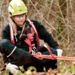 Clallam County Fire District 2 Firefighter/paramedic Margie Brueckner brings up a Black Labrador that had fallen over the side of an embankment at Lees Creek on Tuesday. She also retrieved the dogs owner who had gone after the dog and then was unable to return. The owner had insisted the dog be carried to safety first. (Clallam County Fire District 2)