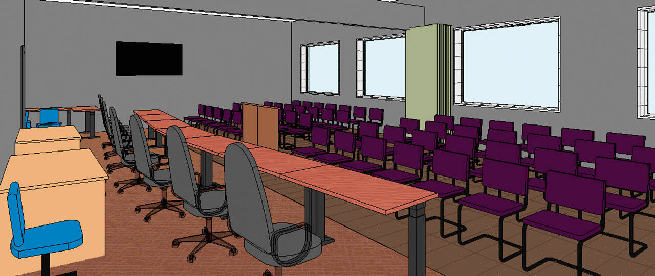 An artists rendering shows one of three designs being considered for the Sequim School Districts new boardroom. (Graphic courtesy of Wenaha Group)