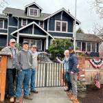 Pictured, from left to right, are Peninsula College students Blake Parker, James Hancock, welding instructor Eoin Doherty, Betsy Reed Schultz, and welding instructor Kelly Flanagan.