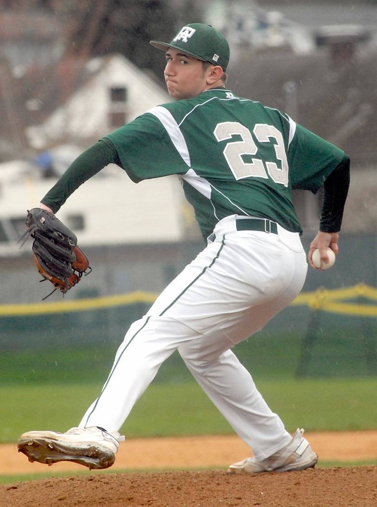 Port Angeles pitcher Colton Romero throws in the first inning against Mt. Tahoma on Friday at Port Angeles Civic Field. (Keith Thorpe/Peninsula Daily News)