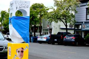 The Creative District art marker outside the Port Townsend Community Center is among the sculptures, installed around the city last year, that have become canvases for various viewpoints. (Diane Urbani de la Paz/Peninsula Daily News)