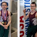 Liam DeWolf, left, and Connor DeWolf with Klahhane Gymnastics in Port Angeles show off their medals from the Region 2 Mens Championships held last weekend in Pocatello, Idaho. (Courtesy photos)