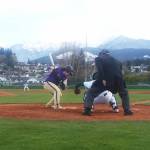 Port Angeles pitcher Elijah Flodstrom delivers a pitch to Sequim leadoff hitter Ayden Holland as Joseph Ritchie catches Monday night. Flodstrom pitched a complete-game shutout in a 10-0 win. (Pierre LaBossiere/Peninsula Daily News)