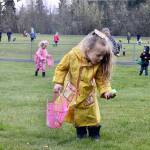Rose Cowden, 6, of Joyce gets a green egg Saturday during the 19th Kitchen Family Easter Egg Hunt held on the playground of Crescent School. The event drew a crowd estimated at nearly 300 kids, parents and grandparents with 2,200 plastic and real eggs for children in three age brackets. (Dave Logan/For Peninsula Daily News)