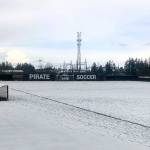 Keith Thorpe/Peninsula Daily News
A thick layer of slush coats the soccer pitch at Wally Sigmar Field at Peninsula College in Port Angeles on Saturday, forcing the cancellation of JV and varsity soccer matches between Port Angeles and Bremerton. A storm that brought winter-like conditions, along with lightning and thunder, rendered the field unplayable, prompting a postponement of the games until a later date.