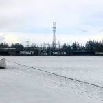 A thick layer of slush coats the soccer pitch at Wally Sigmar Field at Peninsula College in Port Angeles on Saturday, forcing the cancellation of JV and varsity soccer matches between Port Angeles and Bremerton. A storm that brought winter-like conditions, along with lightning and thunder, rendered the field unplayable, prompting a postponement of the games until a later date. (Keith Thorpe/Peninsula Daily News)