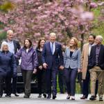President Joe Biden arrives to speak at Seward Park on Earth Day, Friday, April 22, 2022, in Seattle. From left, Sen. Patty Murray, D-Wash., Rep. Rick Larsen, D-Wash., Sen. Maria Cantwell, D-Wash., Rep. Suzan DelBene, D-Wash., Biden, Rep. Kim Schrier, D-Wash., Seattle Mayor Bruce Harrell, Rep. Adam Smith, D-Wash., and Rep. Derek Kilmer, D-Wash. (AP Photo/Andrew Harnik)
