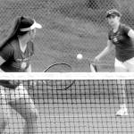 Keith Thorpe/Peninsula Daily News
Port Angeles doubles team members Angelina Sprague, left, and Kinnley Brady compete against the Bainbridge Island team of Emily Knighton and Kristina Walker on Friday at Port Angeles High School.