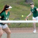 Keith Thorpe/Peninsula Daily News
Port Angeles double team members Angelina Sprague, left, and Kinnley Brady compete against the Bainbridge Island team of Emily Knighton and Kristina Walker on Friday at Port Angeles High School.