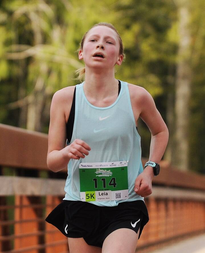 Leia Larson of Port Angeles, a middle school student, won the womens 5K at the Sequim Railroad Run on Saturday. (Michael Dashiell/Olympic Peninsula News Group)