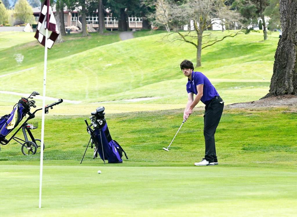 Michael Dashiell/Olympic Peninsula News Group

Sequim’s Cole Smithson fired a season-best round of 40 to help the Wolves remain unbeaten and earn an Olympic League win over North Kitsap at The Cedars at Dungeness on Thursday.