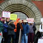 About 40 women and men waved signs and chanted My body, my choice! outside the Jefferson County Courthouse in Port Townsend on Tuesday evening. (Diane Urbani de la Paz/Peninsula Daily News)