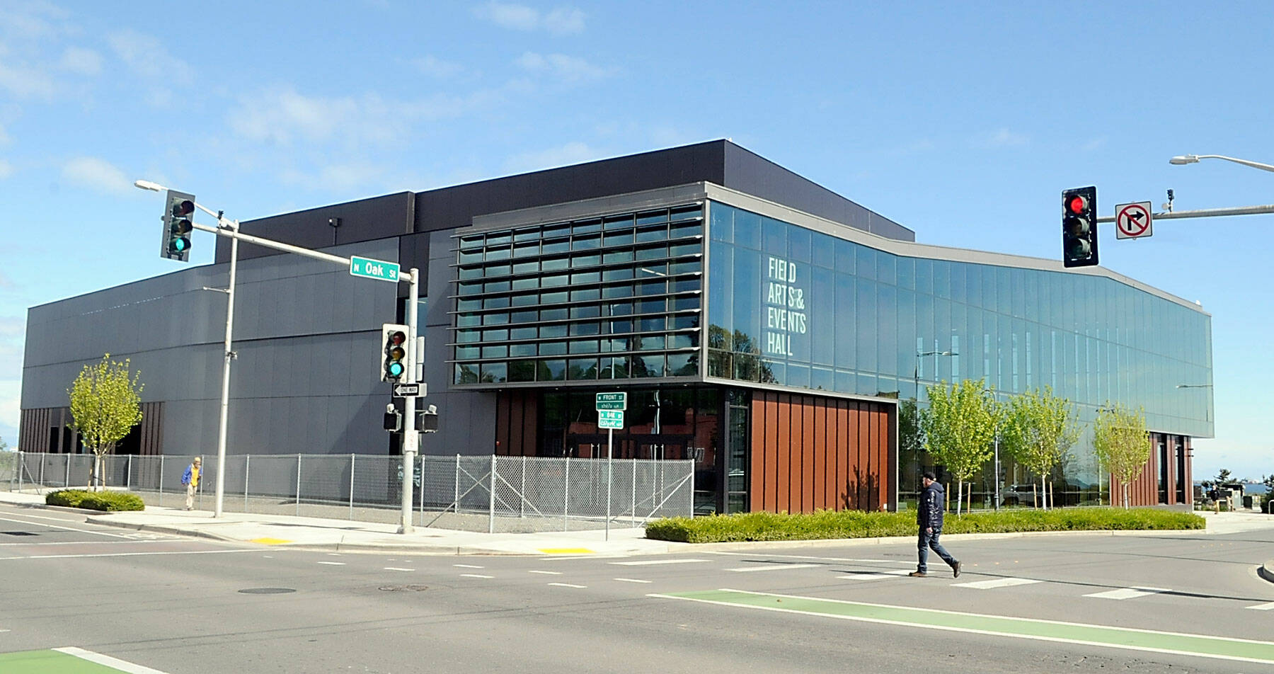 The Field Arts & Events Hall on the Port Angeles waterfront sits idle on Tuesday while awaiting the resumption of work to complete the facility. (Keith Thorpe/Peninsula Daily News)