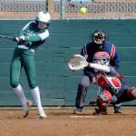 Port Angeles Teagan Clark bats in the fourth inning as North Kitsap catcher Mackenzie Phillips waits for the delivery on Thursday at the Dry Creek Athletic Fields in Port Angeles.
Keith Thorpe/Peninsula Daily News
