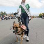 Captain-Crystal Stout of Sequim, Ms. Senior United States 2020, and her dog, Lucee-Light, march in Saturdays parade. (Keith Thorpe/Peninsula Daily News)