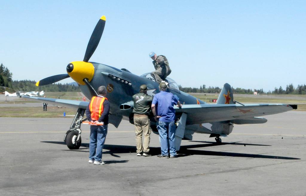 A Russian-built Yakovlev Yak-3 WWII fighter plane registered to Bill Shephert of Diamond Point prepares for takeoff from Fairchild Airport on Saturday. (Keith Thorpe/Peninsula Daily News)
