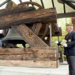 Keith Thorpe/Peninsula Daily News
John Kent, commander of VFW Post 1024 of Port Angeles, rings the Liberty Bell replica in honor of Clallam County veterans who have died in the previous month during the monthly rememberance ceremony on Friday at Veterans Park in Port Angeles. A total of 29 veterans were recognized with a chiming of the bell for each.