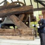 John Kent, commander of VFW Post 1024 of Port Angeles, rings the Liberty Bell replica in honor of Clallam County veterans who have died in the previous month during the monthly rememberance ceremony on Friday at Veterans Park in Port Angeles. (Keith Thorpe/Peninsula Daily News)