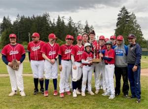Olympic Junior Babe Ruth regular season champions Local 155. From left, Chris Jaynes, Lance Moore, Bryant Perry, Bryce Deleon, Ian Smithson, Brian Belbin, Brady Rudd, Carson Waddell, Cole Beeman, Alex Angevine, Jaron Tolliver, Alik Ross, coach Madox Pangaro, coach Brady Shimko and coach Mike Mudd. Not in the photo are coaches Kelly Perry, Tanner Bray and Seth Scofield.