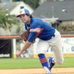 Lefties pitcher Dillon Dibrell throws in the first inning in the first game of a double header against Kamloops on Saturday at Port Angeles Civic Field. (Keith Thorpe/Peninsula Daily News)