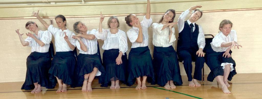 Dancers in Colony, choreographed by Bill Evans, are, from left, Stephanie Sanders, Lisa Fores, Rae Kala, Camille Hildebrandt, Abbie Doll, Aili Emilia, Don Halquist and Ashley A. Friend. Friend will be replaced by Anna Hansen this weekend.
