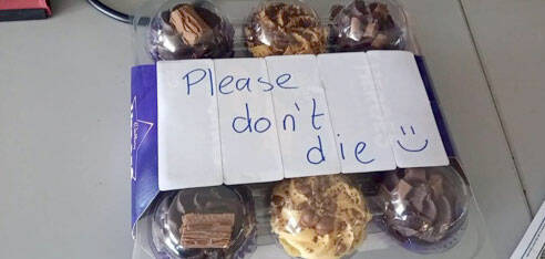 To wish him well, race competitor Bob McCall, 52, from Sharnford, England, received a package of cupcakes from coworkers labeled, Please dont die. (Photo courtesy of Bob McCall)