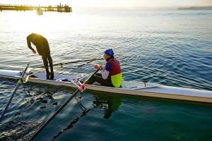 Thiago Silva of Team IMUA cools off with a dive into Port Townsend Bay after 70 hard rowing miles with teammate Greg Spooner to win the 2019 Seventy48 human-powered watercraft race. The 2022 Seventy48 race will begin at 7 p.m. Friday in Tacoma, 70 miles from Port Townsend, and participants must ring the bell at City Dock in Port Townsend within 48 hours. The Northwest Maritime Center plans an awards ceremony at Sundays Ruckus, which precedes the start of the Race to Alaska on Monday. Some 130 teams were signed up as of Wednesday. (Steve Mullensky/for Peninsula Daily News)