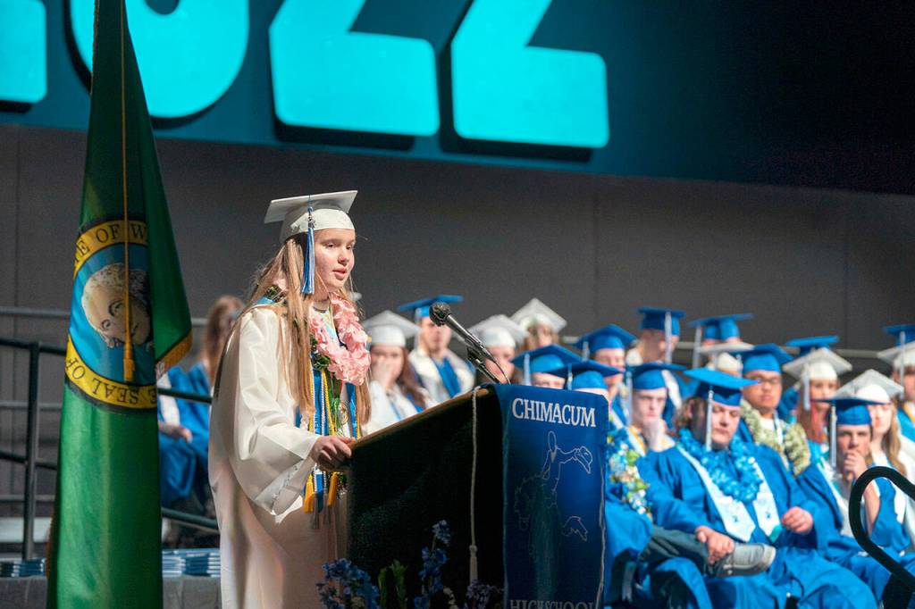 Chimacum Valedictorian Eugenia Phillips-Frank addresses her 54 fellow graduates during a commencement on Saturday at McCurdy Pavilion at Fort Worden State Park. (Steve Mullensky/for Peninsula Daily News)